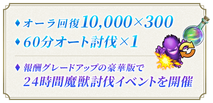 オーラ回復10,000×300  60分オート討伐×1 報酬グレードアップの豪華版で24時間魔獣討伐イベントを開催