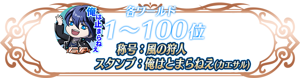 各ワールド1〜100位 称号：風の狩人&スタンプ：俺は止まらねえ(カエサル)